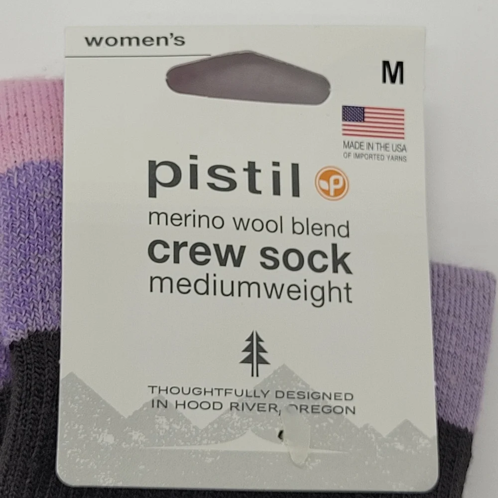 Pistil Kaiya Crew Socks Merino Wool Blend Purple Grey Stripe Womens Medium NEW